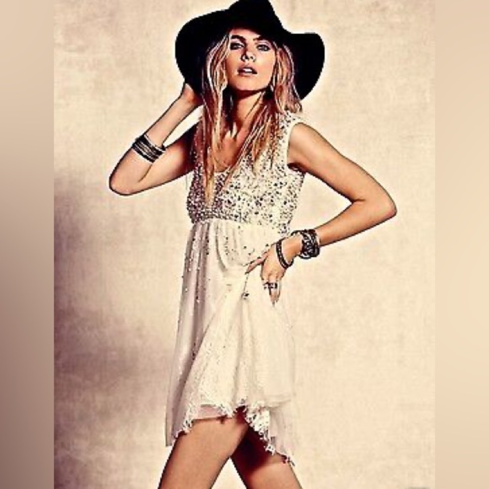 Free People Champagne Shine So Bright Dress Tulle Lace Beads Pearls Size 2